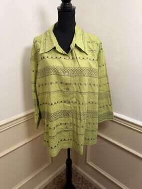 Vintage Ultra Dress Green Linen Blend Embroidered Button Down Top Chartreuse